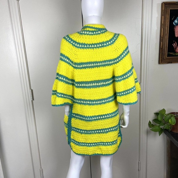 Vintage 70s Handmade Knit Yellow Striped Crochet Sweater Cape Cardigan Sweater - Picture 9 of 10